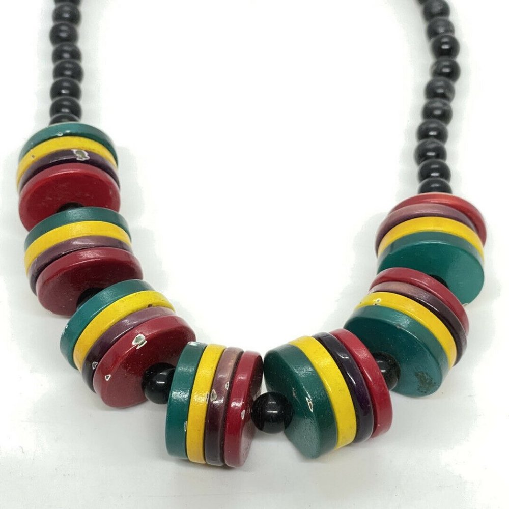 Chunky Colorful Wooden Painted Beaded 15” Necklace